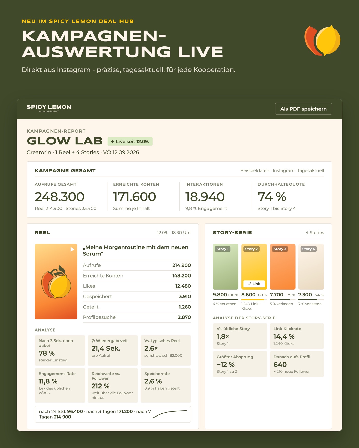 Beispiel: Kampagnen-Report im spicy lemon Deal Hub mit Aufrufen, Reichweite, Reel- und Story-Auswertung